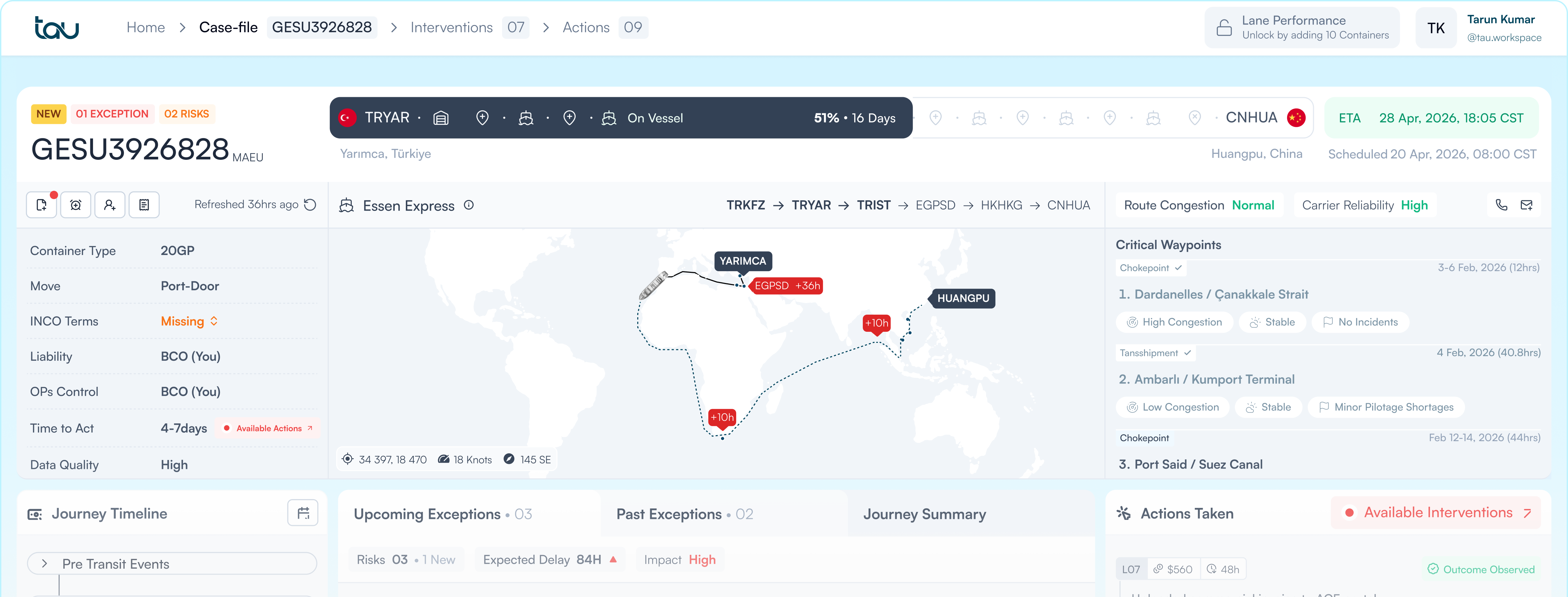 Tau shipment case-file dashboard showing container GESU3926828 with route, waypoints, exceptions, and actions